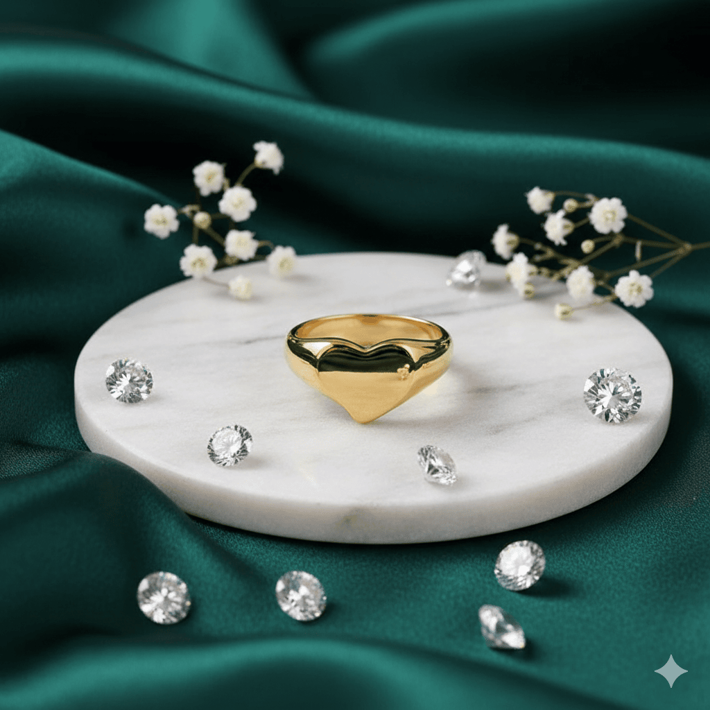 Polished gold heart-shaped ring, displayed on a white marble pedestal, surrounded by loose diamonds and delicate white flowers, set against an elegant green silk background