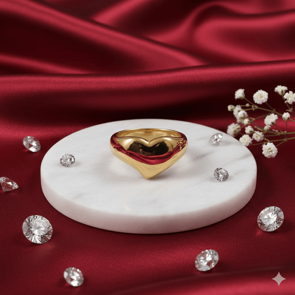 Polished gold heart-shaped ring, displayed on a white marble pedestal, surrounded by loose diamonds and delicate white flowers, set against an elegant maroon silk background.