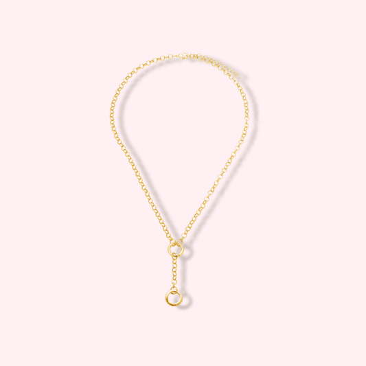 Gold Two Claps Necklace — elegant 16-inch chain with double zirconia clasps, designed to hold multiple charms, minimalist waterproof jewelry by MARO.