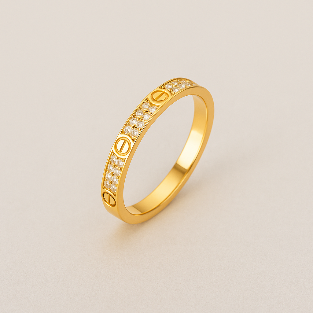 Love Collection gold ring with diamond accents and screw motif on white background โ MARO Jewelry.