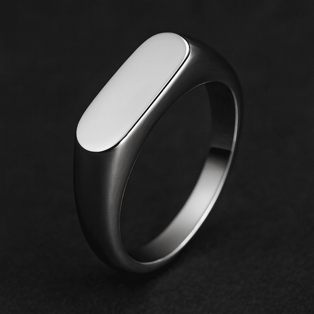 Silver geometric band ring displayed on a luxurious black silk background, highlighting its shine and modern minimalist design β MARO Jewelry.