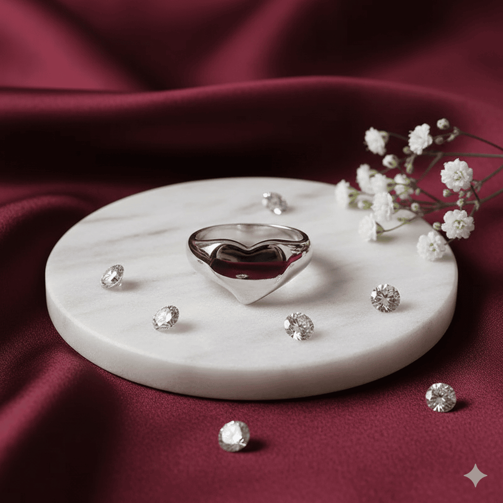 Polished silver heart-shaped ring, displayed on a white marble pedestal, surrounded by loose diamonds and delicate white flowers, set against an elegant maroon silk background.