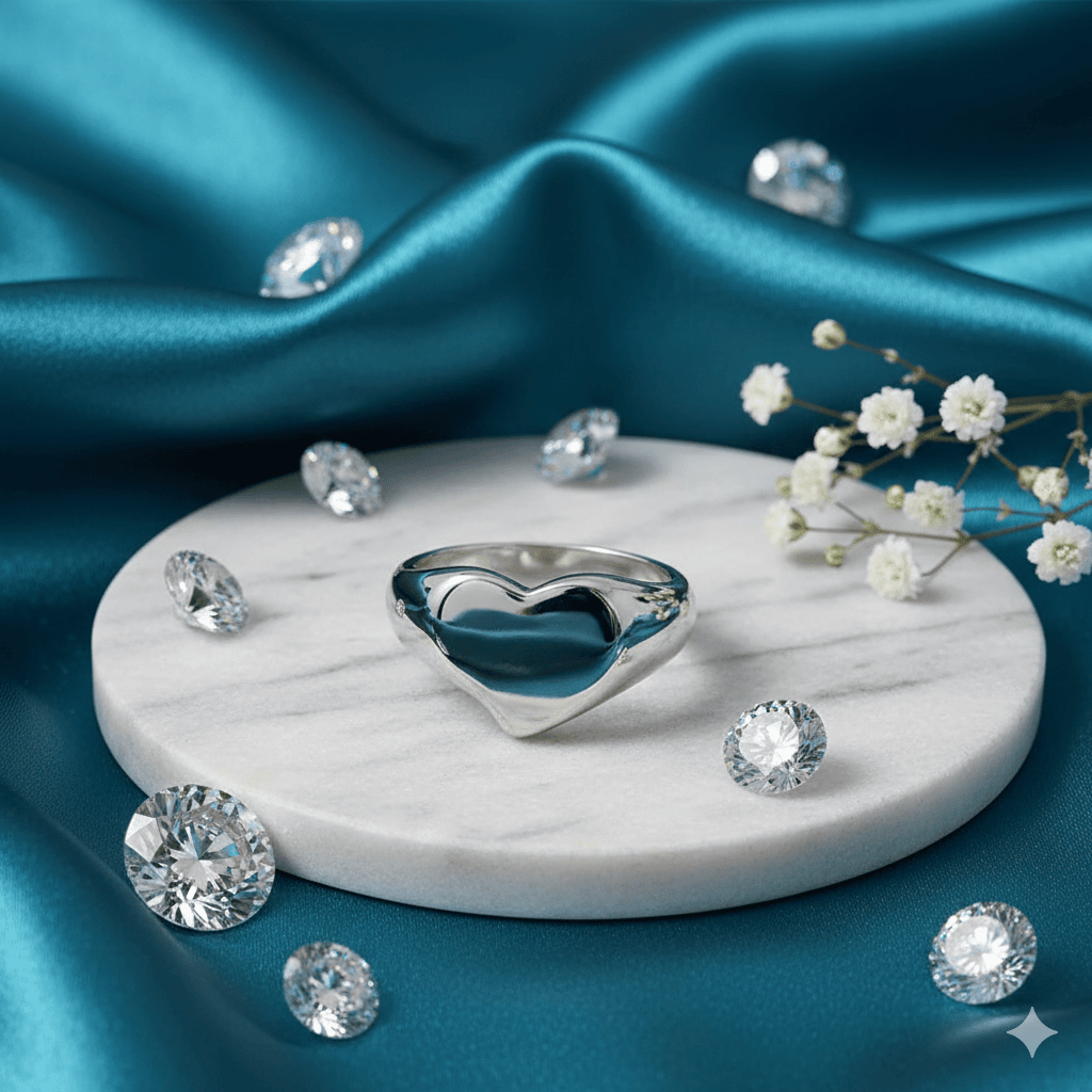 Polished silver heart-shaped ring, displayed on a white marble pedestal, surrounded by loose diamonds and delicate white flowers, set against an elegant teal silk background.