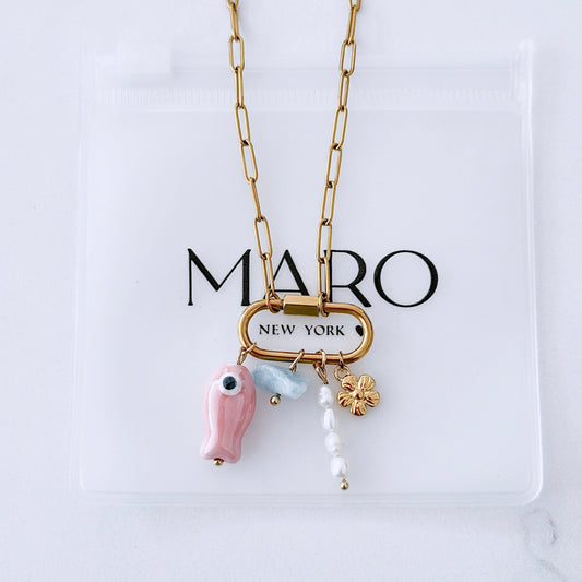 Gold charm carabiner necklace