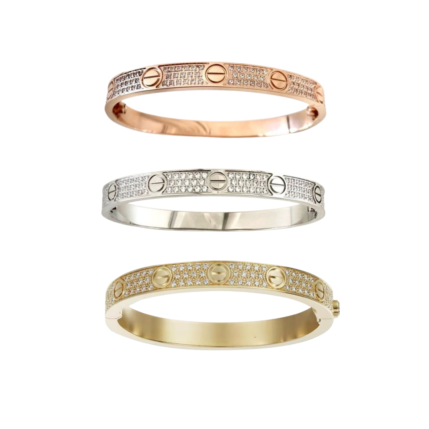 Set of three full pavé diamond simulated bangles in tricolor (rose gold, white gold/silver, gold). Luxury screw-style bracelets.