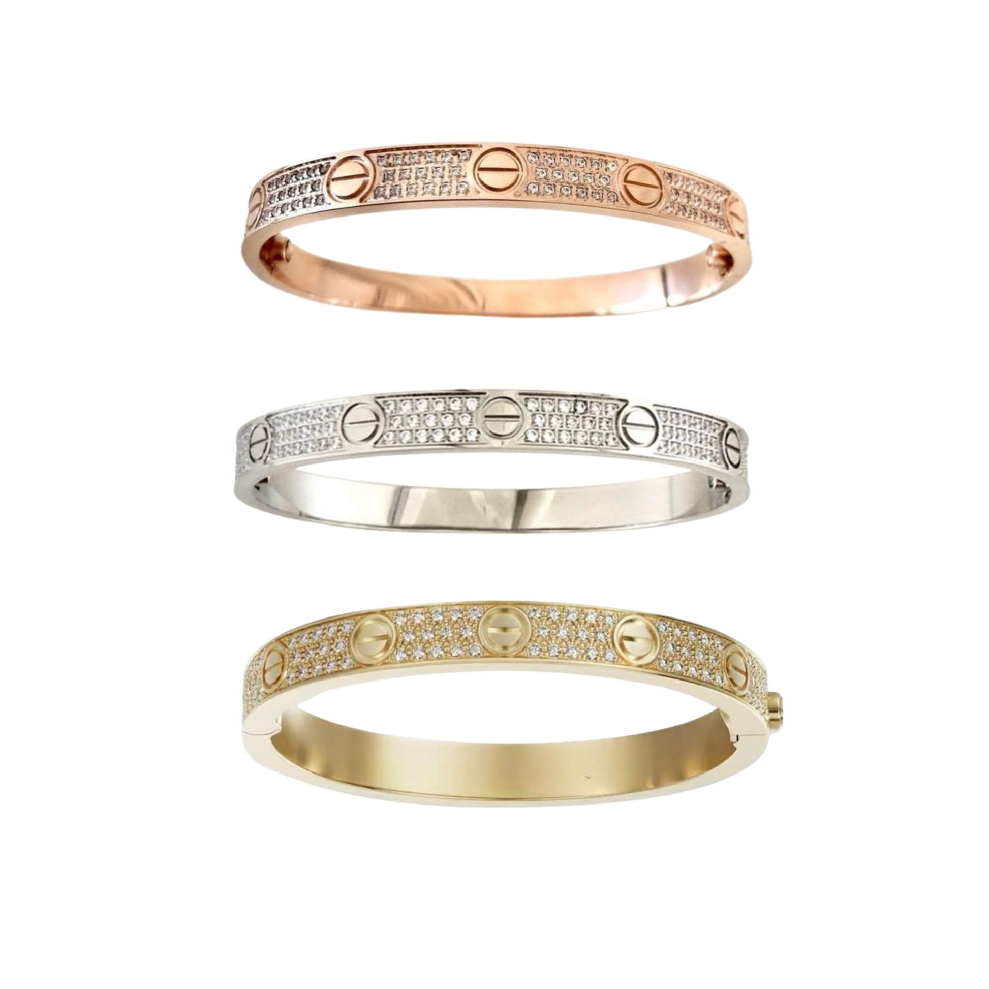 Set of three full pavé diamond simulated bangles in tricolor (rose gold, white gold/silver, gold). Luxury screw-style bracelets.