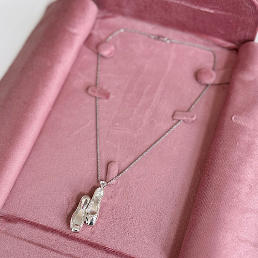 The Ballet Flats Necklace — 925 sterling silver ballet shoe pendant, polished and hypoallergenic elegant jewelry by MARO.