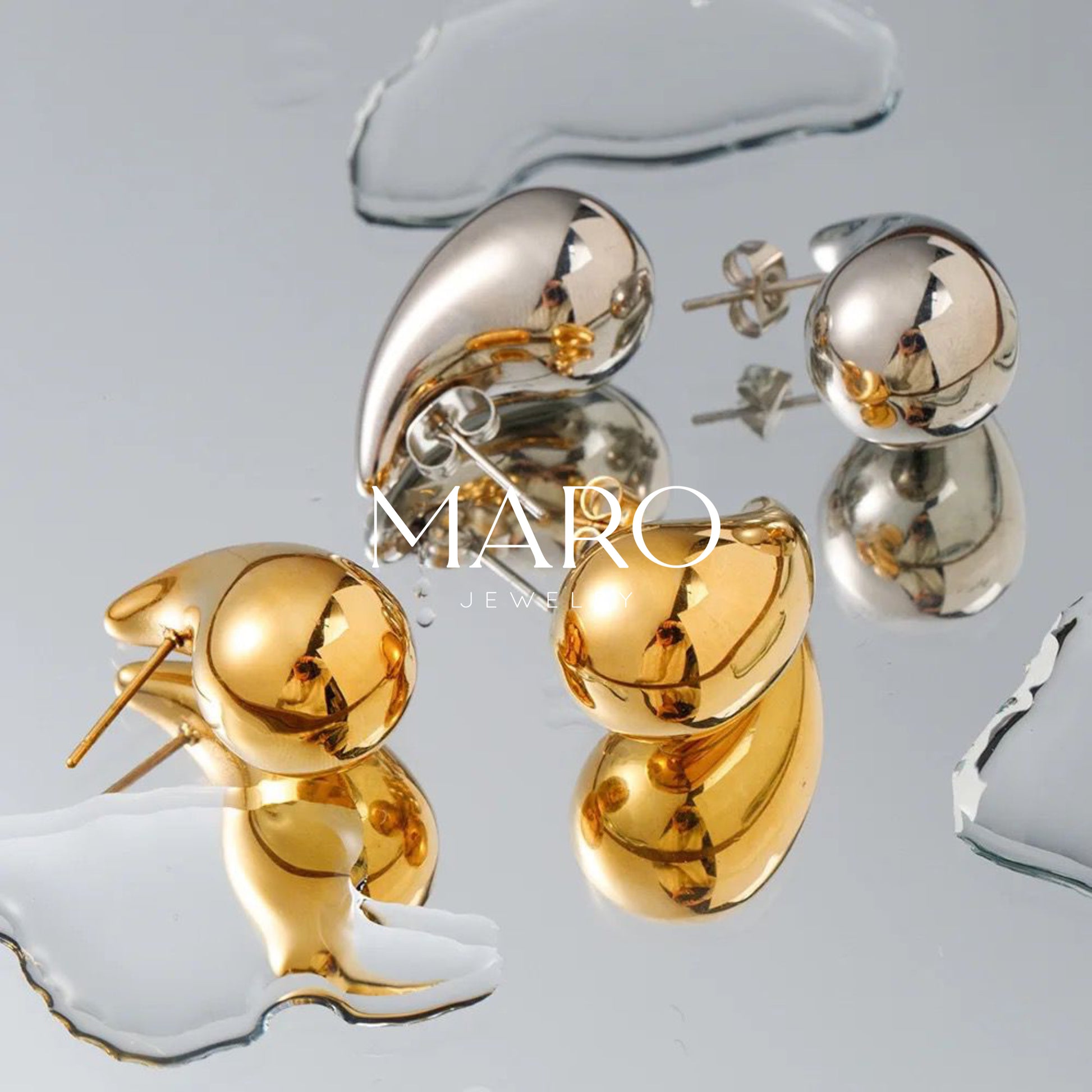 Bold Drop Studs Small — polished gold-tone minimalist drop earrings, lightweight and hypoallergenic for everyday wear by MARO Jewelry.