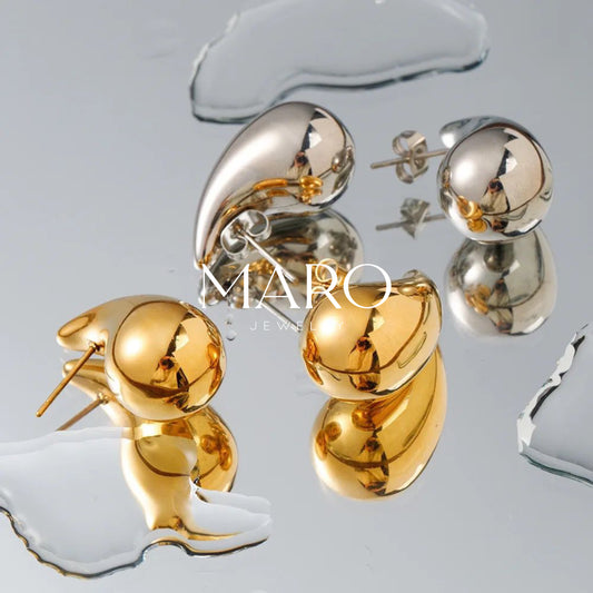 Bold Drop Studs Small — polished gold-tone minimalist drop earrings, lightweight and hypoallergenic for everyday wear by MARO Jewelry.