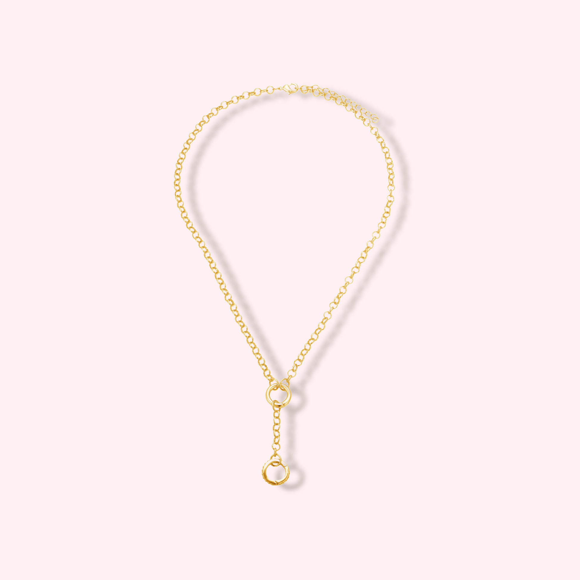 Gold Two Claps Necklace — elegant 16-inch chain with double zirconia clasps, designed to hold multiple charms, minimalist waterproof jewelry by MARO.