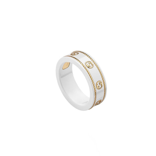 White enamel ring with gold trim and rope-style edges, minimal and modern design — MARO Jewelry.