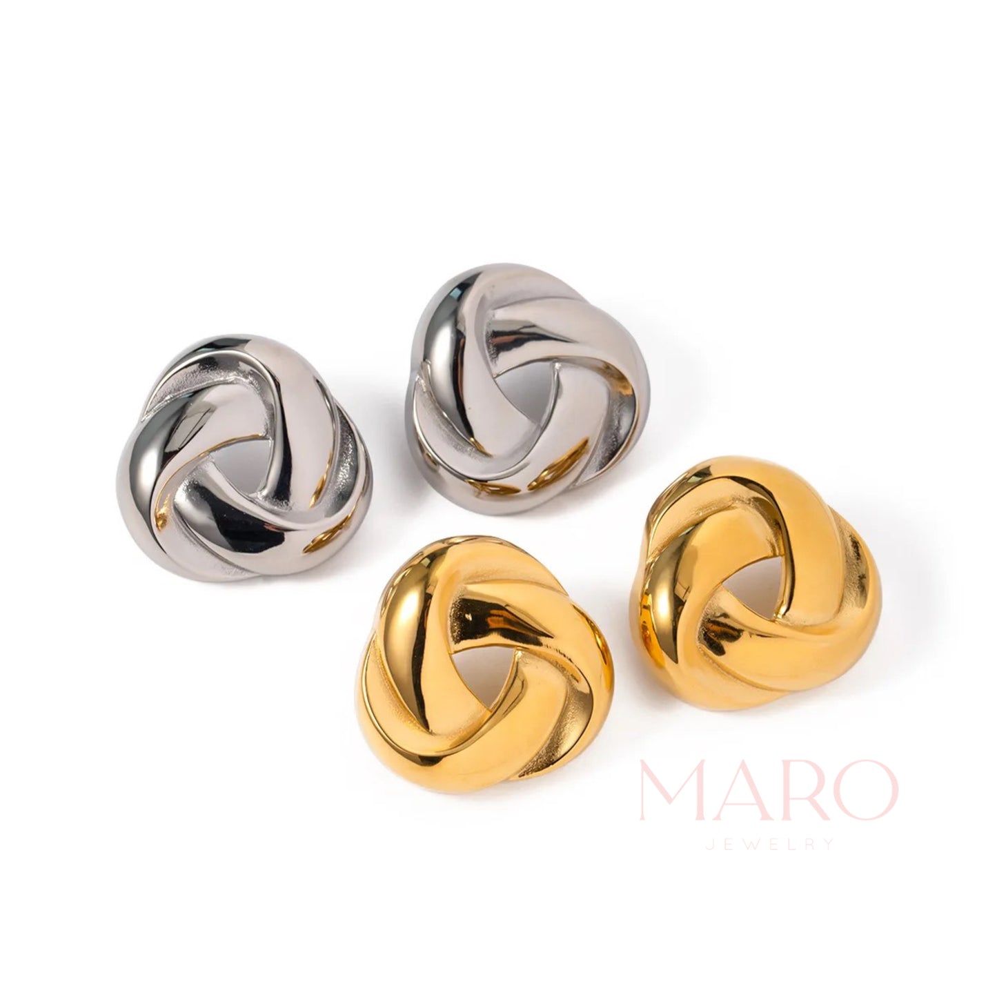 Knot Stud Earrings — polished gold-tone knot design, waterproof and hypoallergenic minimalist jewelry by MARO.