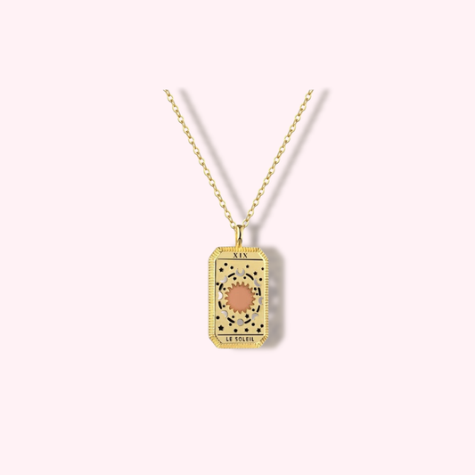 Le Soleil Gold Necklace — gold-tone sun pendant on chain, minimal and water-resistant everyday jewelry by MARO Jewelry.