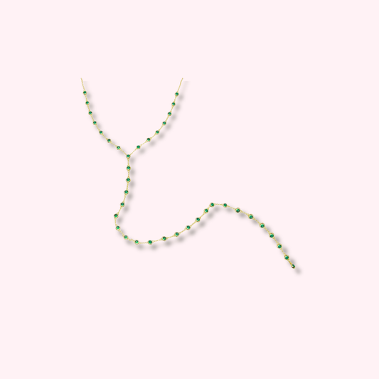 Ocean stone beaded chain necklace with green beads and front clasp on a soft pink background — MARO Jewelry.