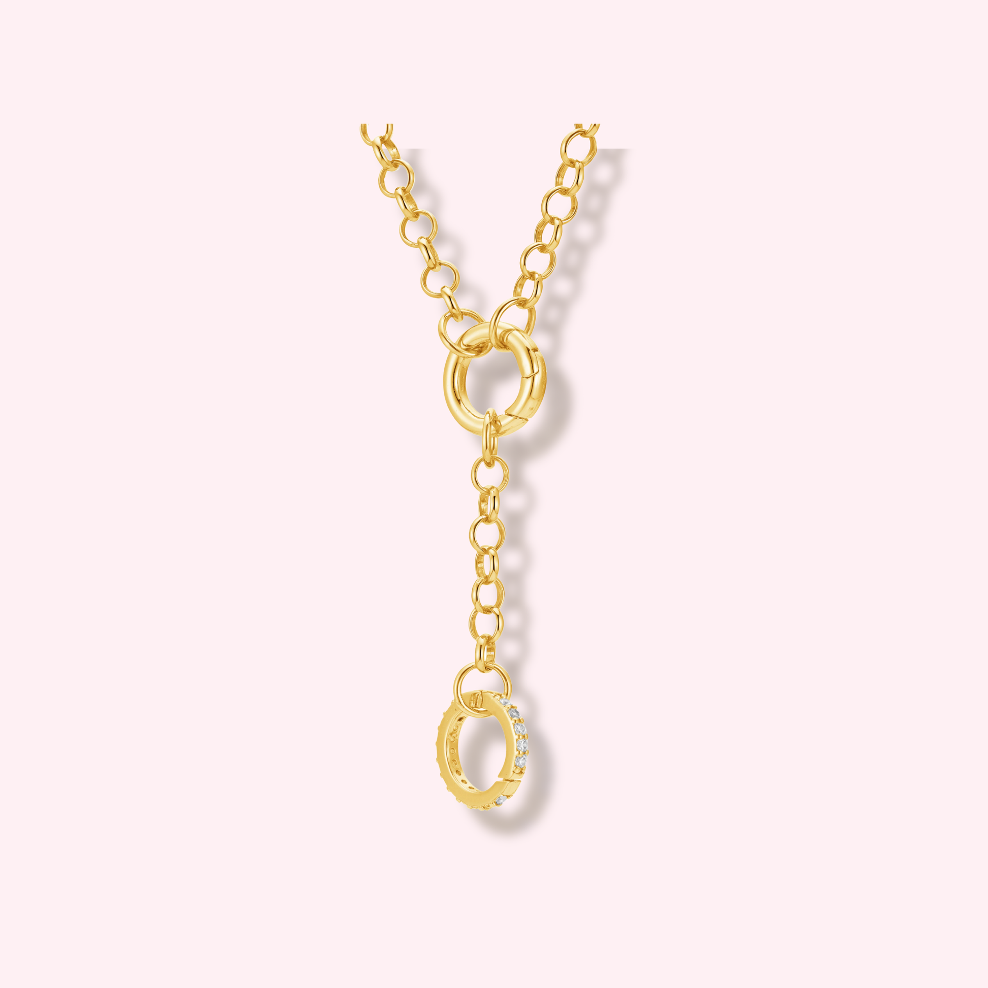 Two Claps Necklace — 16-inch gold-tone chain with sparkling zirconia clasp, designed to hold multiple charms, waterproof and hypoallergenic jewelry by MARO.