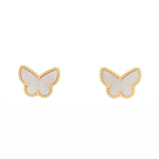 Pendientes de oro con motivo floral (trébol) de madreperla blanca y borde perlado. Joyería elegante y fina para mujer.